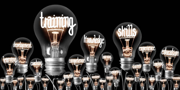 Photo of light bulbs with shining fibers in a shape of TRAINING, SKILLS and KNOWLEDGE concept related words isolated on black background